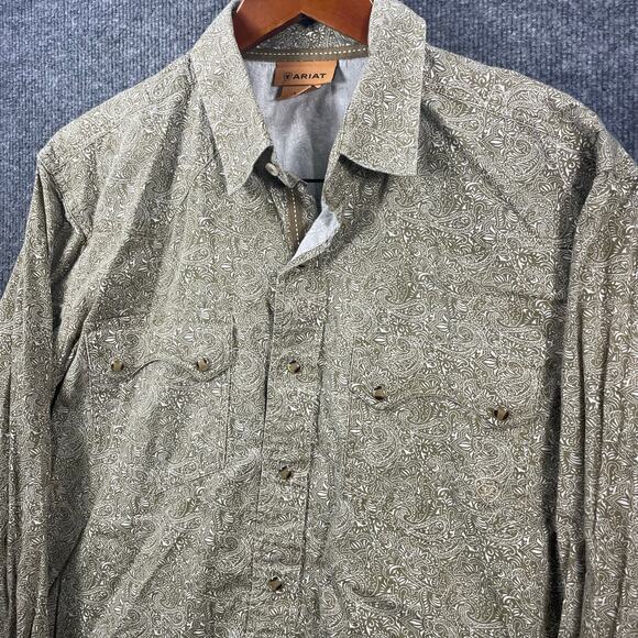 Ariat Pearl Snap Western Shirt Men's Large Green Paisley Allover Cowboy Rodeo - Picture 2 of 12